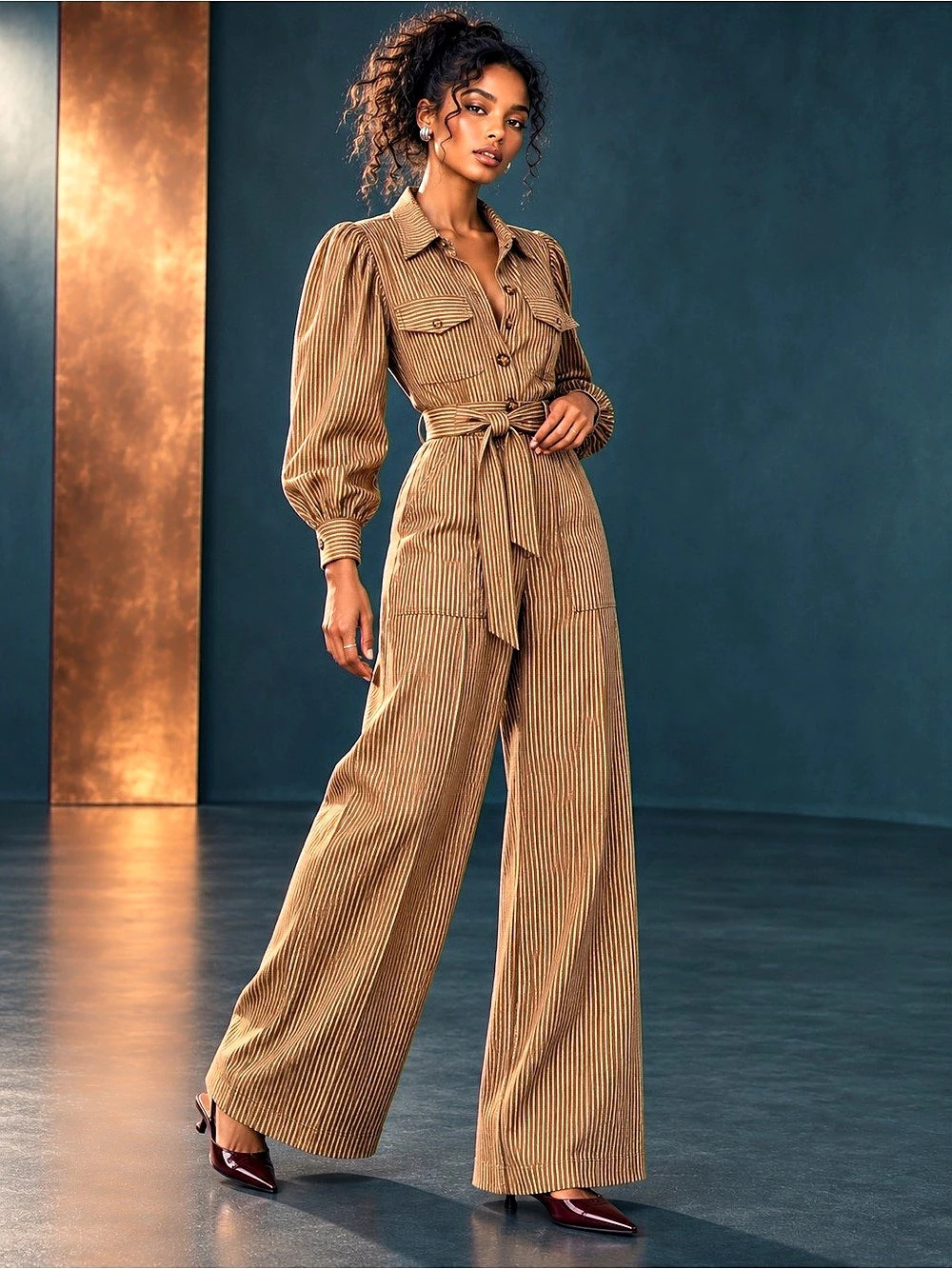 FRNCH Paris NWT Pinstripe Utility Wide Leg Dominique Khaki Chocolate Jumpsuit S